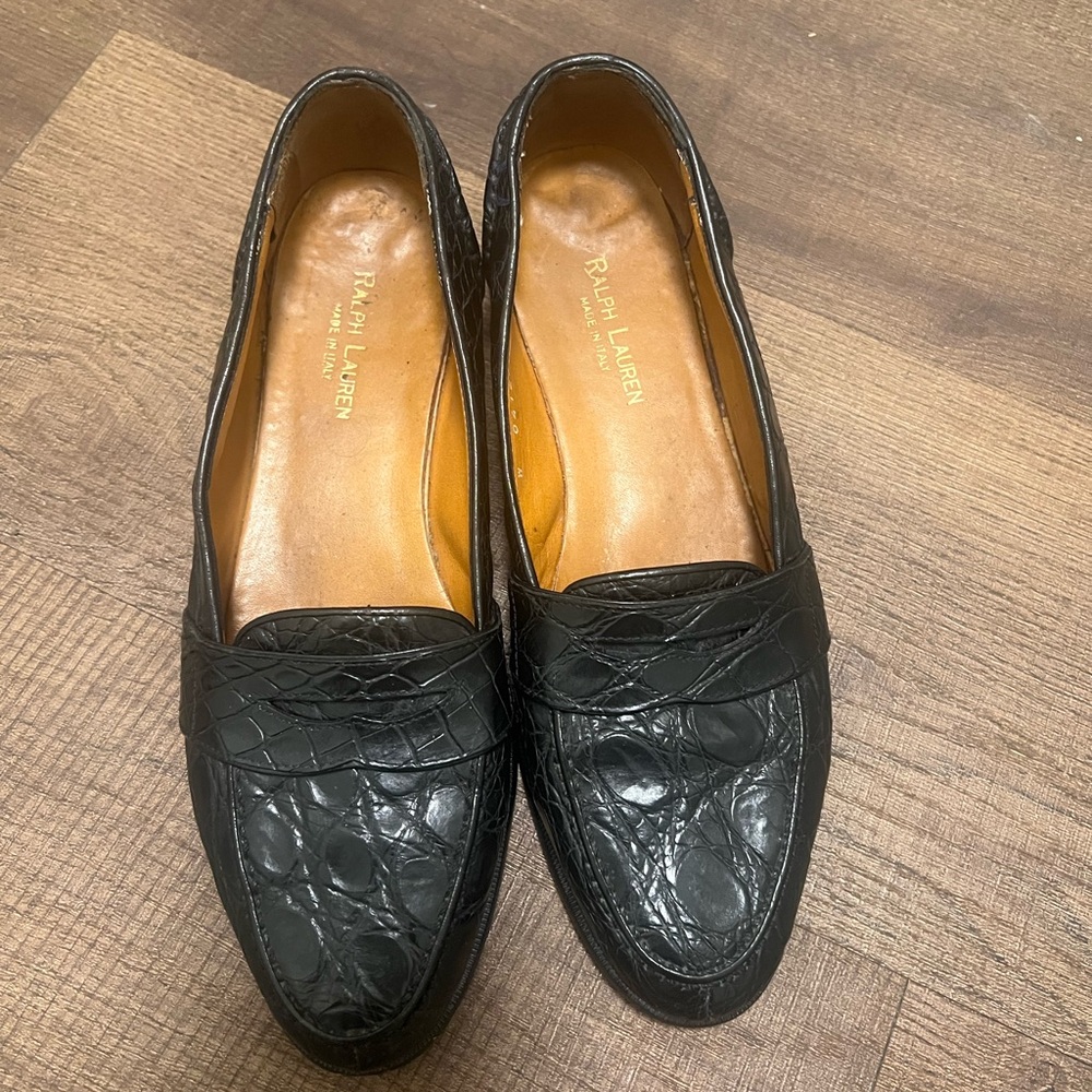 Ralph Lauren Black Croc-Embossed Leather Loafers